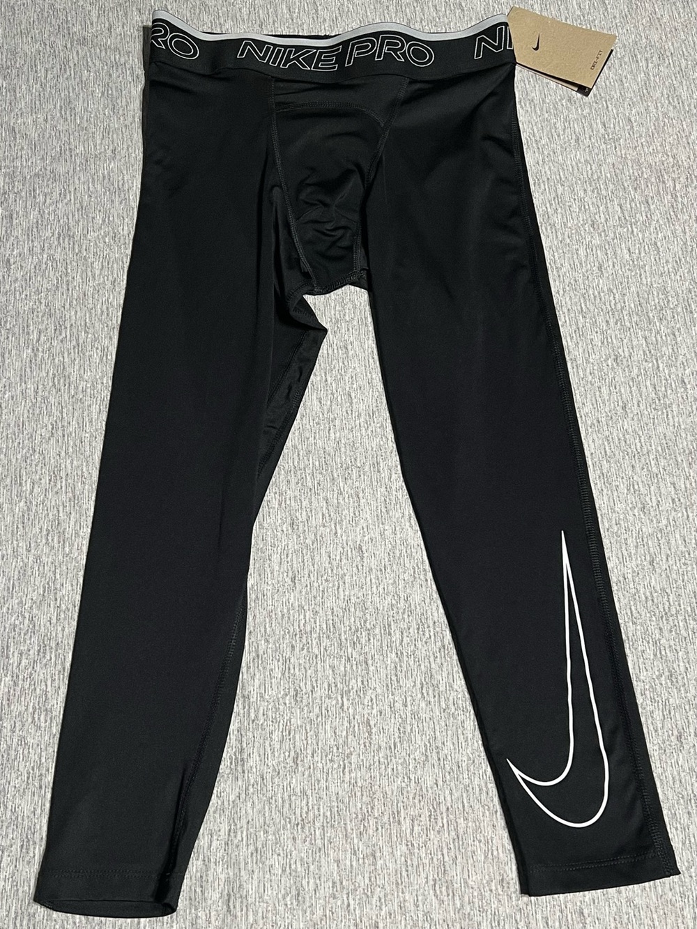 Nike Men’s Pro Dri-Fit Black 3/4 Tights Compression Leggings with White Swoosh